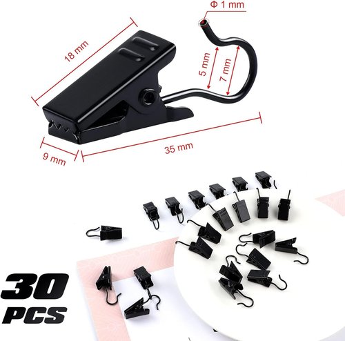 JANYUN Heavy-Duty Metal Curtain Clips - 30 Pack Small Hook Clips for Home Decor & Art Display - Black