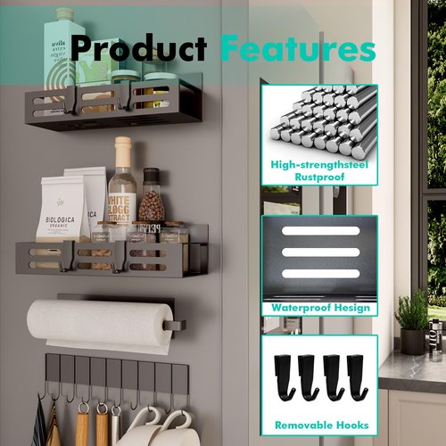 SETBAOO 4 Pack Magnetic Spice Rack for Refrigerator with 4-Hook Rack and Paper Towel Holder, Black Magnetic Shelf and Fridge Kitchen Cabinet Organizers Storage Seasoning Organization Mini Shelves.