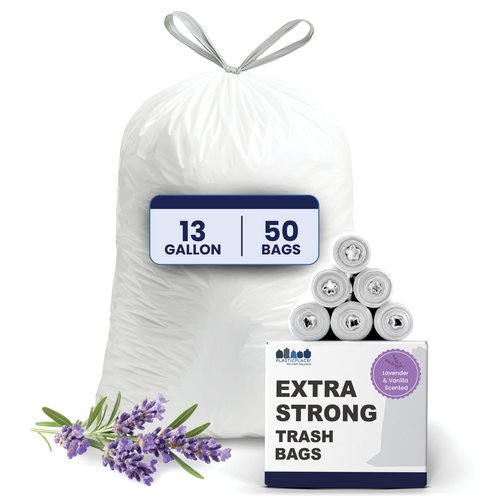 Plasticplace 13 Gallon White Drawstring Trash Bags │ 1.2 Mil │ Lavender and Soft Vanilla Scented Garbage Can Liners │ 24" x 31" (50 Count)