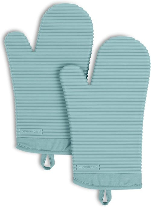 KitchenAid Ribbed Soft Silicone Oven Mitts - Heat Resistant 2-Pack Set, 7.5"x13", Mineral Water Aqua