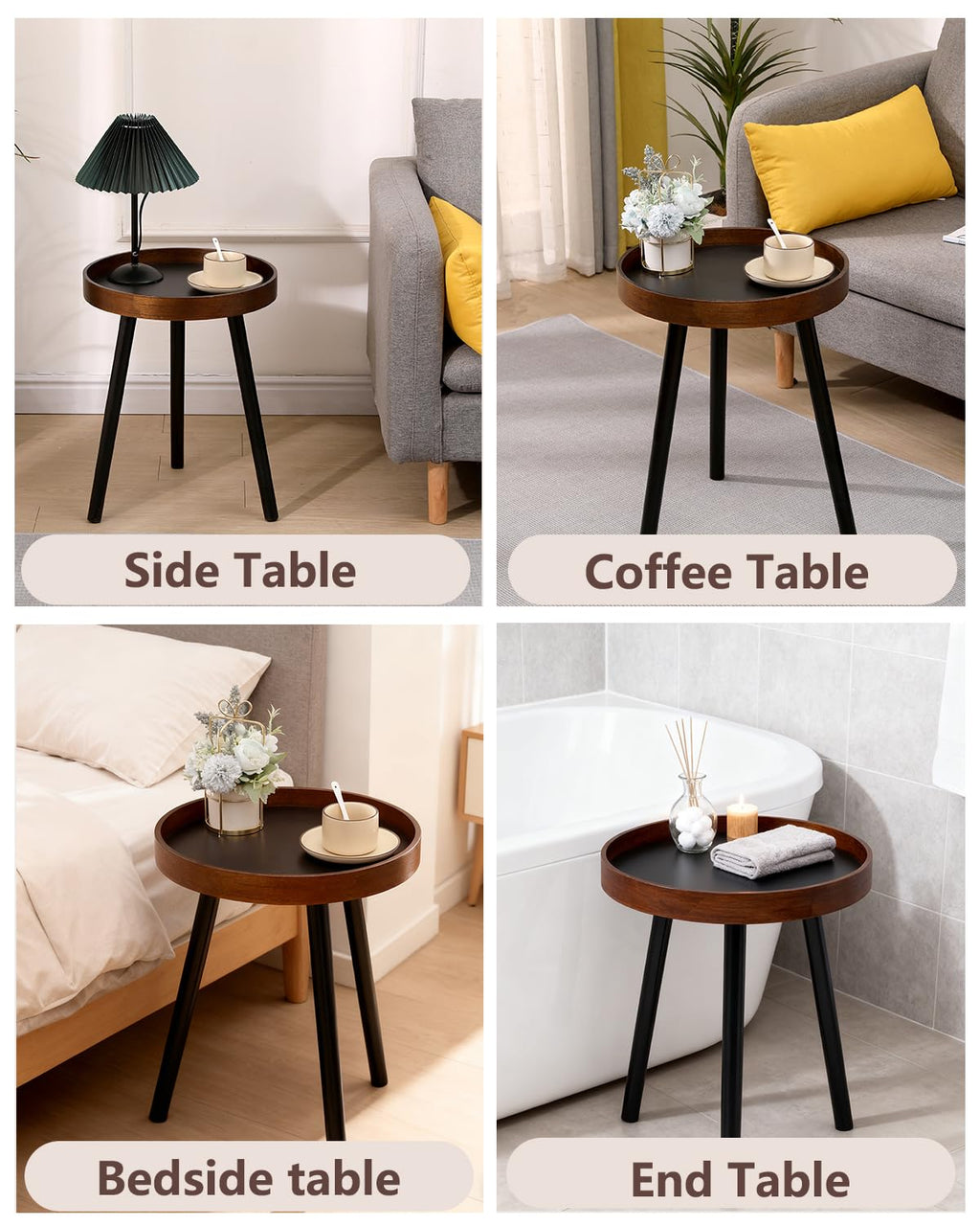 GTIWROTN Small Round Side Table, Solid Wood End Table with 3 Metal Legs, Modern Accent Table Circle Coffee Table for Living Room Bedroom Office and Small Spaces, 15.7 * 15.7 * 18 inch