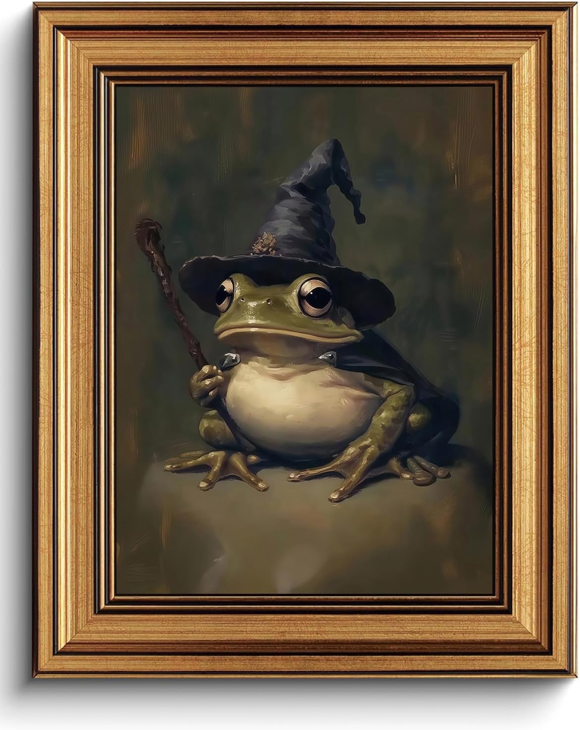 Vintage Gold Framed Wall Art - Witchy Frog Canvas Print for Dark Academia Decor | 8x10in Gothic Artwork