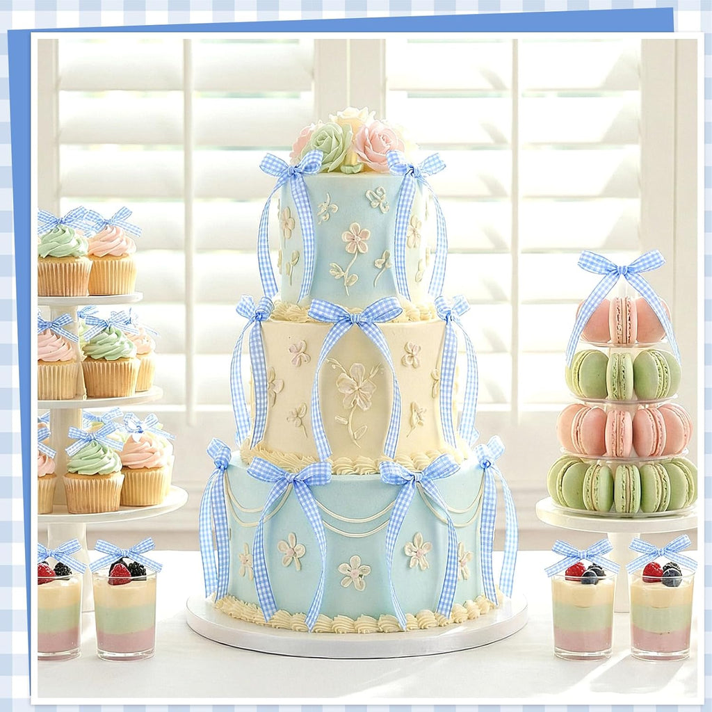Skiennix 30 Pack Bow Cake Toppers - Blue Gingham Ribbons for Birthdays & Baby Showers