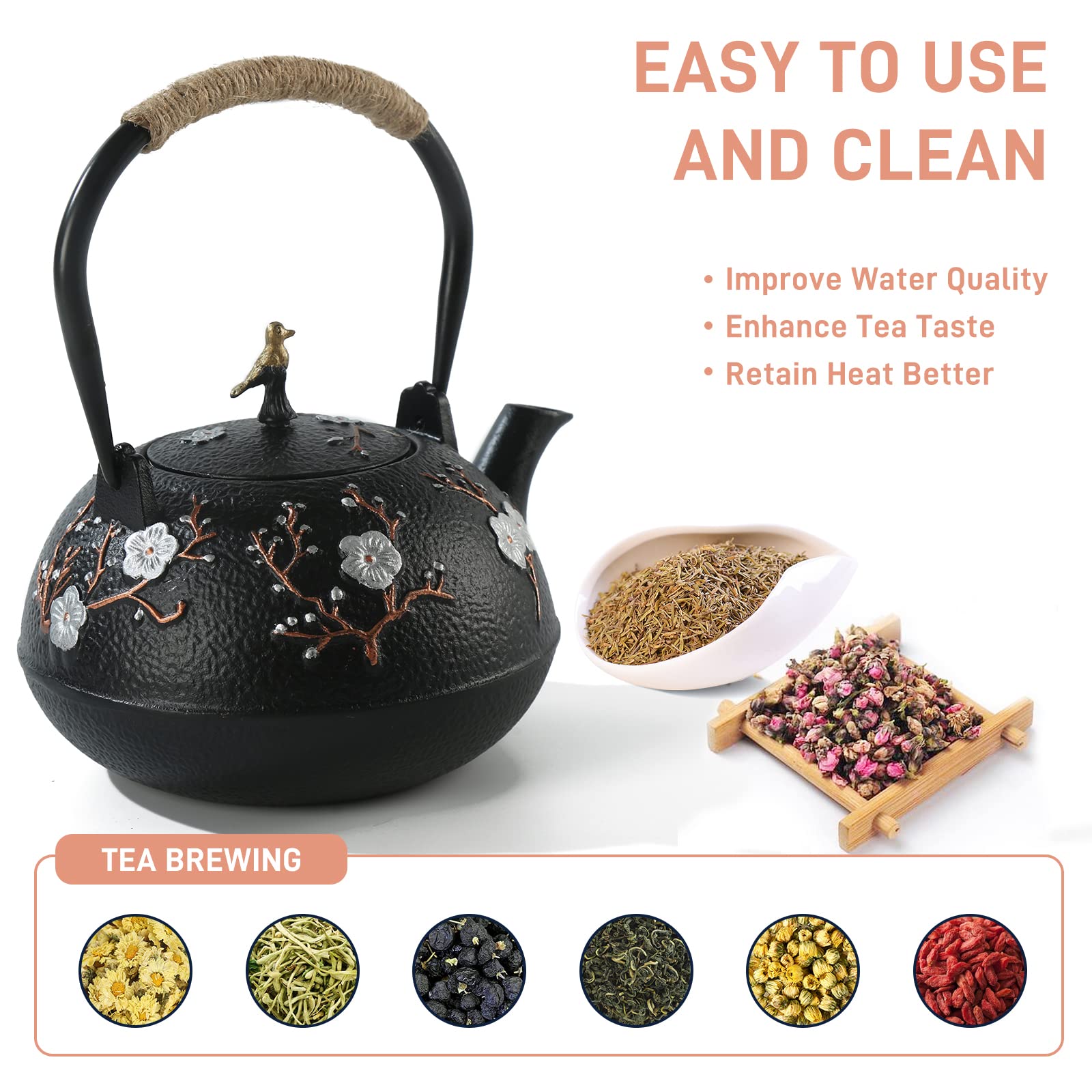 SECHUDO Tea Set Tea Kettle Japanese Style Beautiful Black Cast Iron Teapot Set with 4 Cups,4 Cup Mats,1 Trivet and 1 Lid Holder,40.6oz Teapot with Infuser for Stove Top Safe