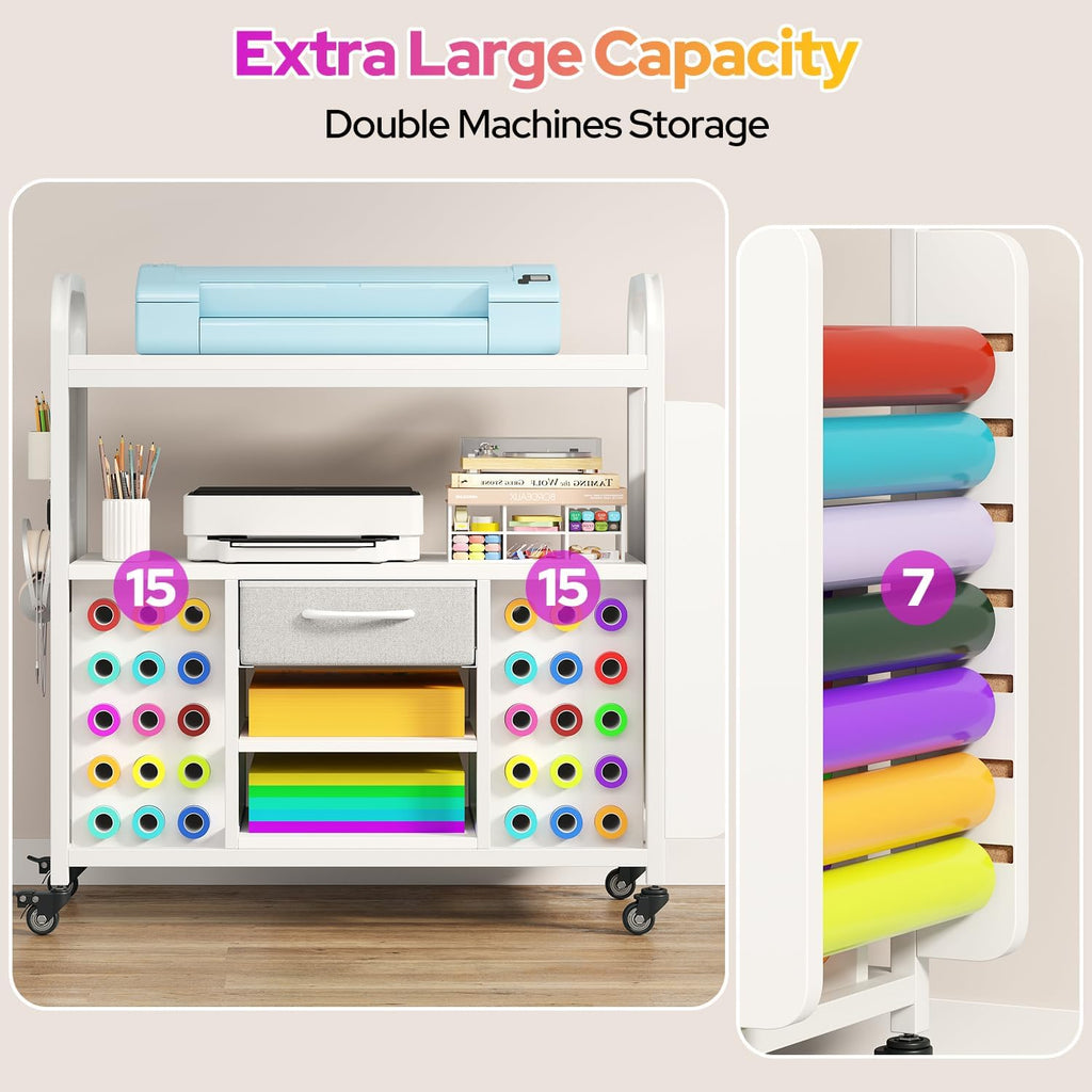 Skiennix Craft Organization Cart - Rolling Storage Table with Vinyl Roll Holder & Drawer - Large, Versatile Design