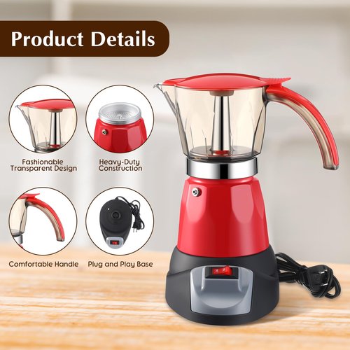 Lemosae Electric Espresso Maker Transparent Coffee Maker Electric Moka Pot Portable Aluminum Espresso Machine Italian Moka Pot with Detachable Base, Coffee Gift for Women Men Home Travel(Red,6 Cup)