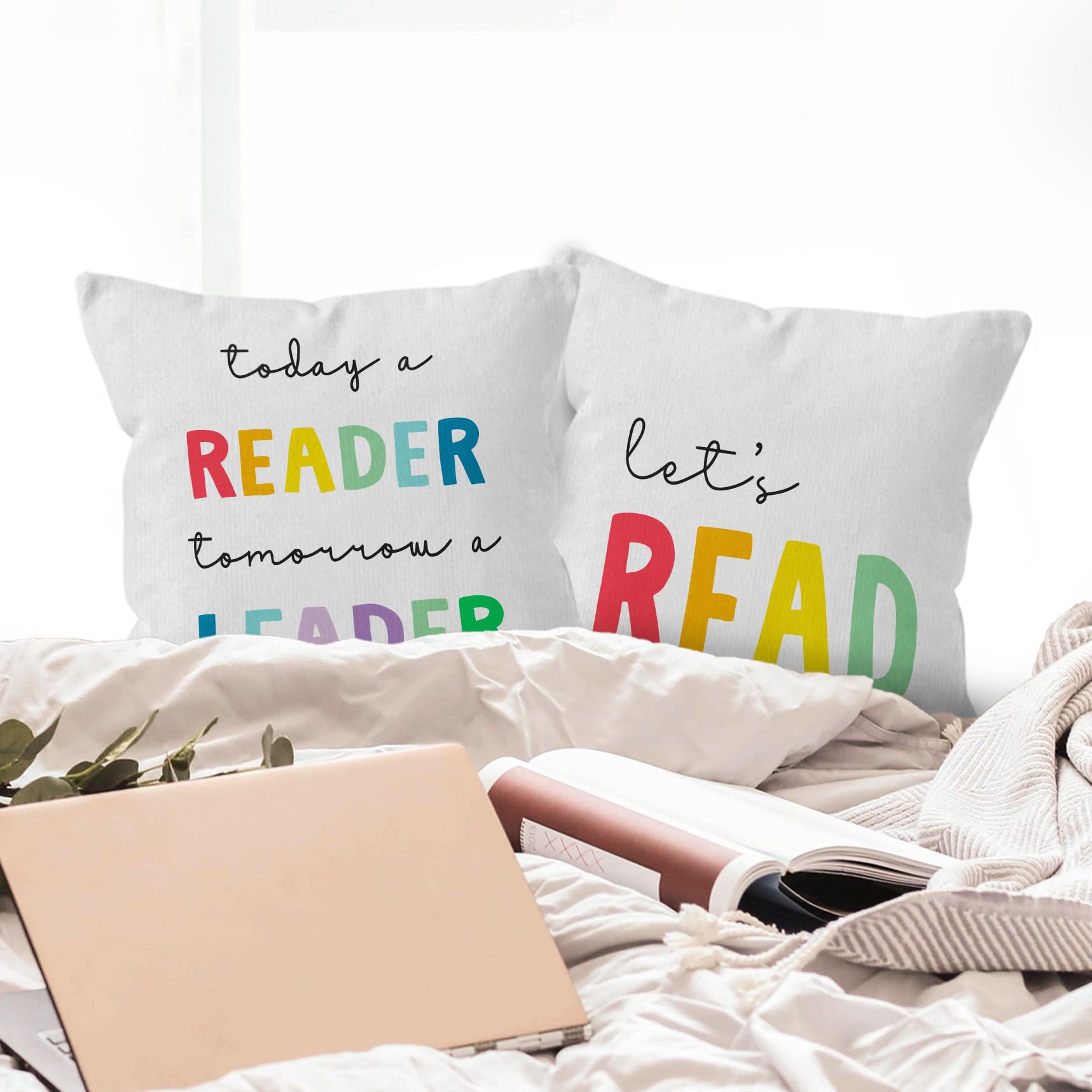 HIWX Reading Pillow Cover,Classroom Pillow Covers,Classroom Let's Read Today a Reader Tomorrow a Leader Decorative Throw Pillow Cover 18 x 18,Reading Nook Classroom Nursery Decor Set of 2 Pillow Case