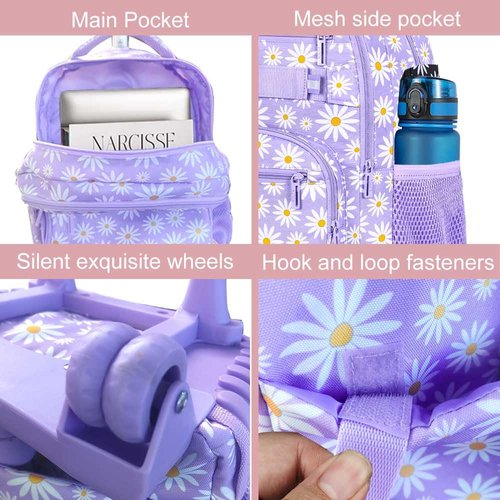 Girls Rolling Backpack, Women Roller Bookbag with Lunch Box for Adults, Water Resistant Wheeled School Bag for College Teens Kids Travel - Purple Flower