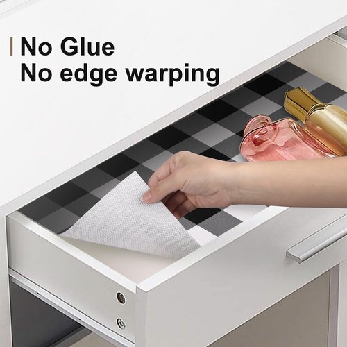 Shelf Drawer Liner for Kitchen Cabinets Non-Adhesive Non-Slip, Hide Stains & Scratches, Strong Grip Thickened Gingham Cabinet Liners for Shelves, Dresser, Cupboard, Pantry, Black/White, 23.6In x 30FT