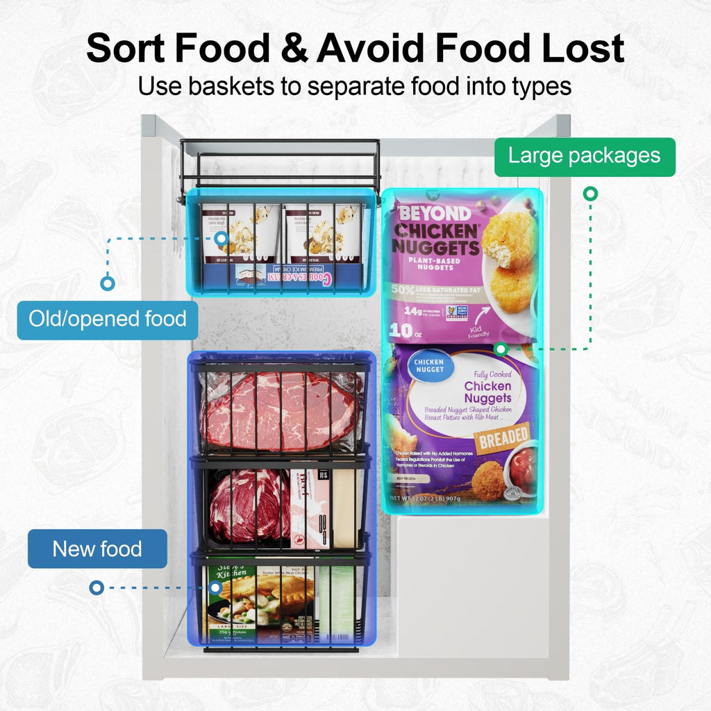 iSPECLE Chest Freezer Organizer Bins- 15.2" ~ 17.5" Freezer Baskets for Chest Freezer, Fit 5 Cu.Ft, Adjustable Hanging Baskets, 2 Pack Black
