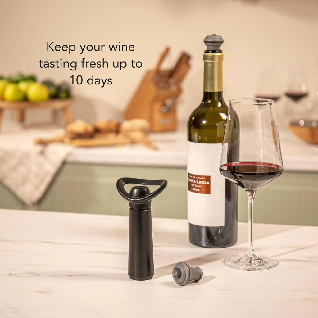 Vacu Vin Wine Saver Concerto – Premium Wine Preserver Vacuum Pump with 2 Stoppers – Made in the Netherlands – Airtight Seal Keeps Red or White Wine Fresh up to 10 Days – Click Indicator – Black