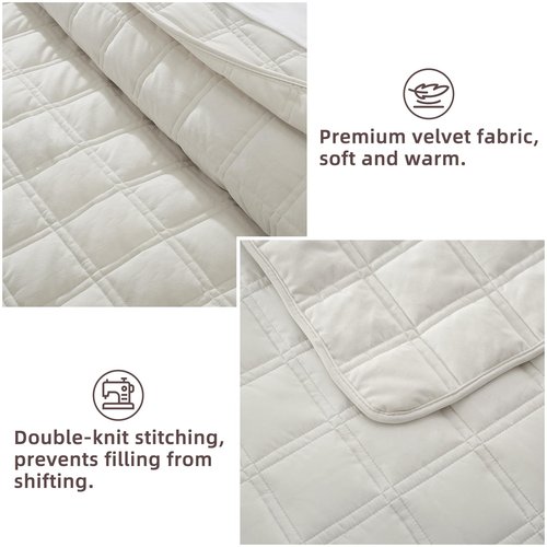 Wondnuga Velvet Quilt Set King Quilt, Lightweight Soft King Comforter Set, Bedspread Coverlet with 2 Matching Pillow Shams, Velvet Comforter Bedding Set for All Season (Cream White, Checkered)
