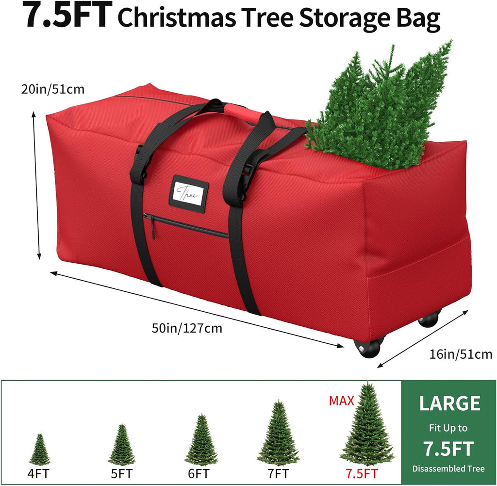 Rolling Christmas Tree Storage Bag - Extra Large Container for 7.5 ft Artificial Trees | Red with Wheels & Handles