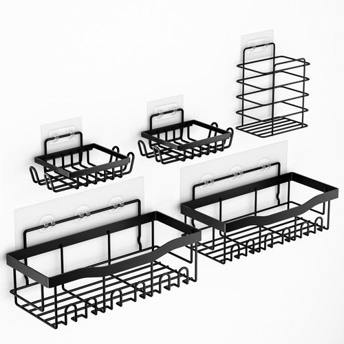 Adhesive Shower Caddy, Rustproof Stainless Steel Bathroom Organizer, Black, 5 Piece Set with 2 Shower Caddies, 2 Soap Holders, 1 Toothbrush Holder