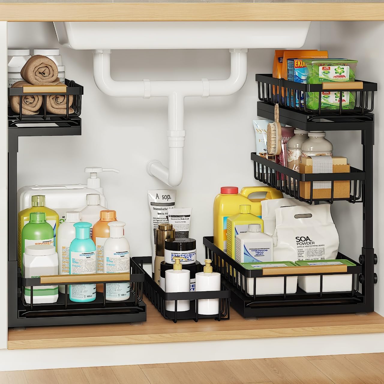 Under Sink Organizer - 3 Tier Pull Out Shelf Storage for Bathroom & Kitchen | 2 Pack Slide Out Drawers