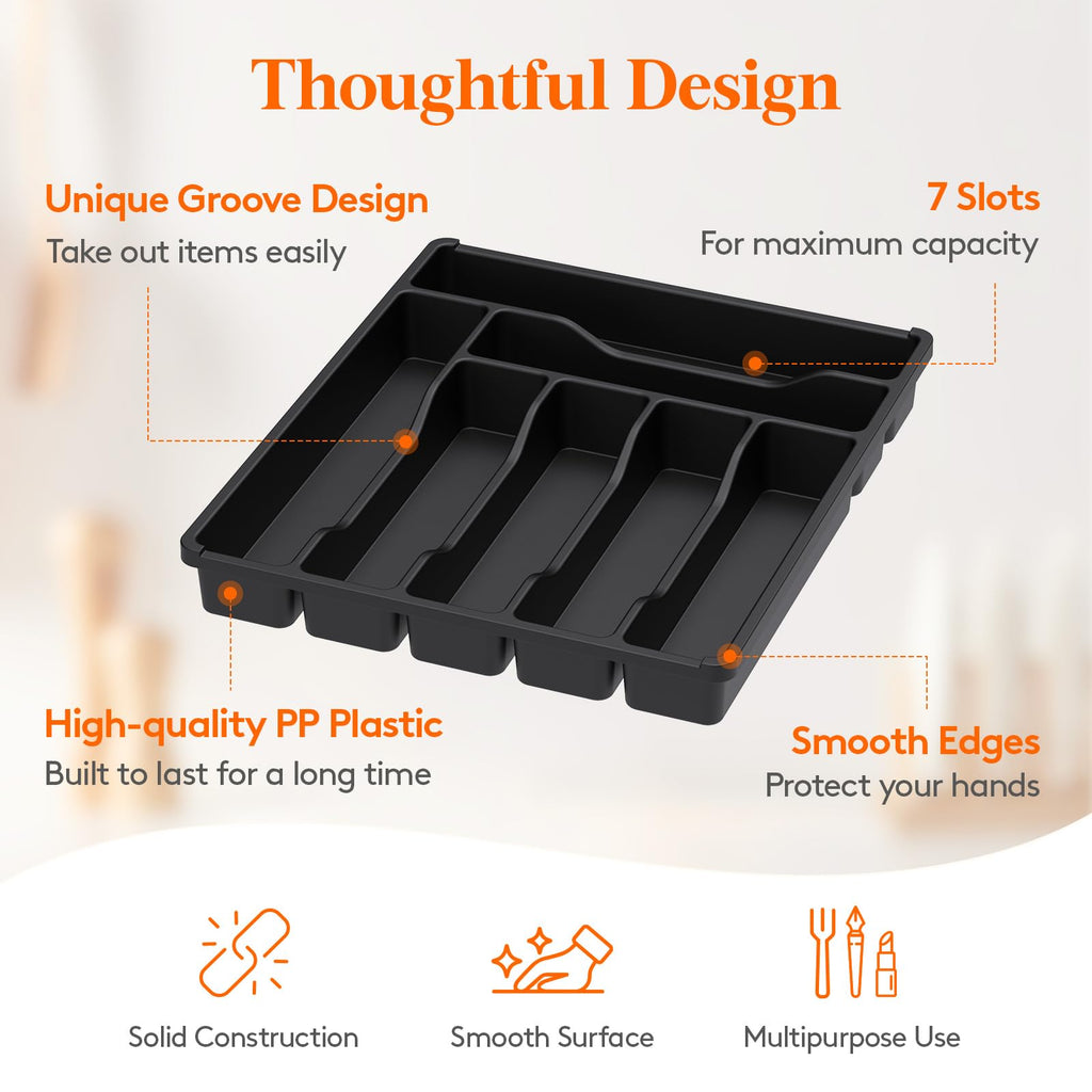 Lifewit Silverware Drawer Organizer Tray, Plastic Cutlery Storage for Kitchen, Flatware and Utensil Holder Divider for Spoons Forks Knives Tableware, 12.3 x 14.2", 7 Slots, Gray