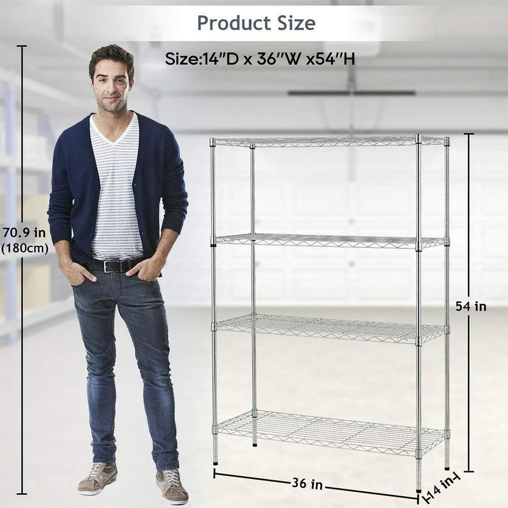 BestOffice | 4-Tier Chrome Wire Storage Shelves | Heavy-Duty Metal | 36x14x54 | Adjustable Racks | Easy No-Tool Assembly