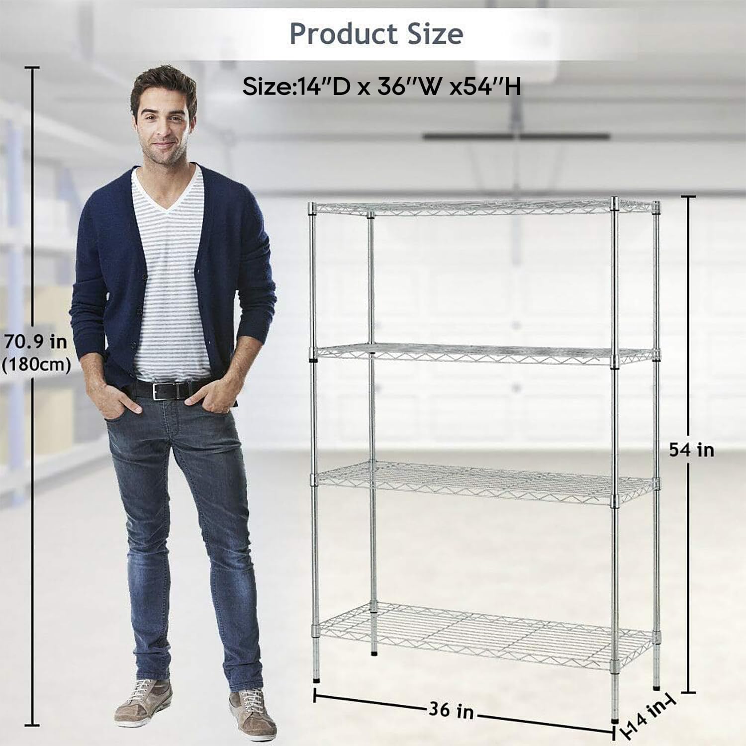 BestOffice | 4-Tier Chrome Wire Storage Shelves | Heavy-Duty Metal | 36x14x54 | Adjustable Racks | Easy No-Tool Assembly