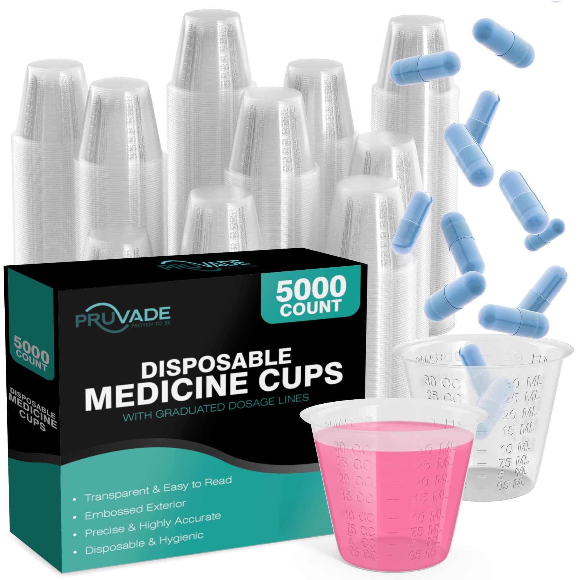 [5000 Count - 1 oz.] Pruvade Disposable Plastic Medicine Cups with Graduated Dosage Lines for Pills or Liquid, Single Serve Measuring for Home, Nurse, Hospital, Medical Care, Resin Mixing, Mouthwash