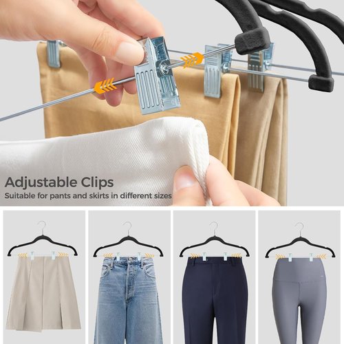 HOUSE DAY Velvet Hangers - Non-Slip Adjustable Clips 20 Pack | Heavy-Duty 360° Hook for All Clothing (Black)