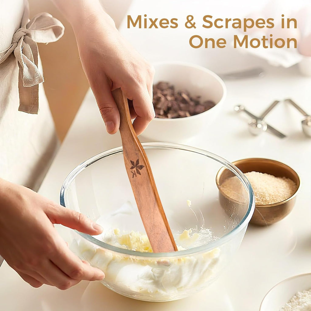 Skiennix 2 Pack Spurtle Set - Danish Dough Whisk & Jar Spatula in Solid Teak Wood for Bread Making