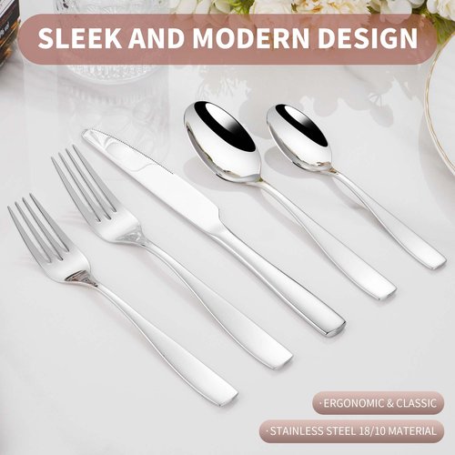 40-Piece 18/10 Stainless Steel Flatware Set for 8, Heavy Duty Silverware Set, Modern Weighted Silverware, Dishwasher Safe Knives Forks and Spoons Set