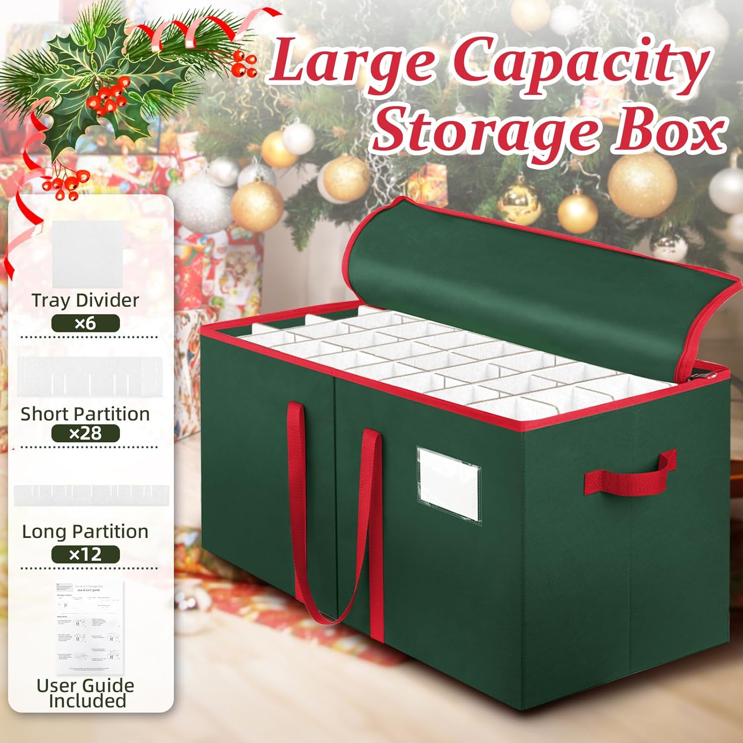 SeasonBliss Christmas Ornament Storage Box - Holds 128 Ornaments | Large, Sturdy Organizer with Adjustable Dividers & Zipper, Green