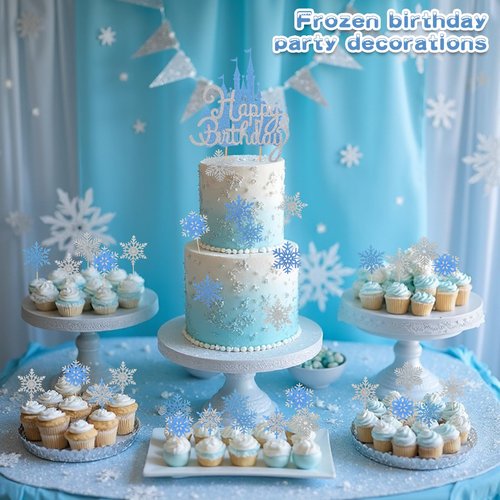 2Pcs Blue Castle Cake Toppers Princess Cake Decorations Princess Theme Birthday Castle Party Picks for Winter Wonderland Party Supplies Frozen Theme Party Decor