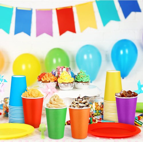Kochorie 60 Pack Disposable Rainbow Paper Cups - Colorful 12 Ounce Birthday Party Supplies | 6 Vibrant Colors