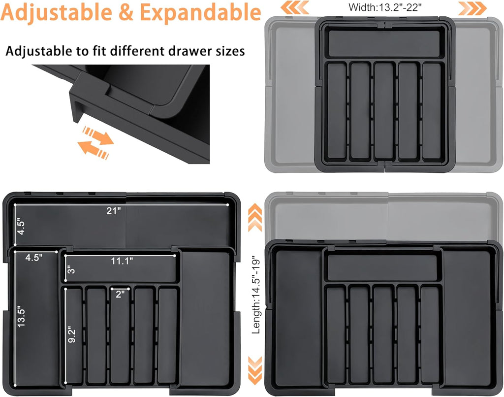 Spaclear Expandable Silverware Organizer - Adjustable BPA-Free Cutlery Tray for Kitchen | Black, 6-9 Slots