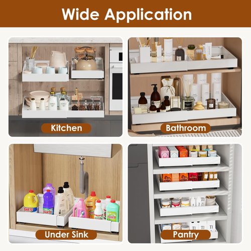Landmok 2 Pack Expandable Pull Out Cabinet Organizer 16.5" Deep, Adjustable Width 12.6"-20.5", No Drill Adhesive with Triple Track Rails, Heavy Duty Slide Out Drawers for Kitchen,Pantry,Cabinets,White