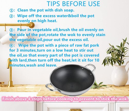 Hikaru 12.5” Wok Pan with Dual Honeycomb Wok Stainless Steel Wok Pan with Nonstick Coating, Frying Pans Cookware, Two Handles,Works with Induction ,Gas, Electric, Ceramic Furnace Stove, Without Lid