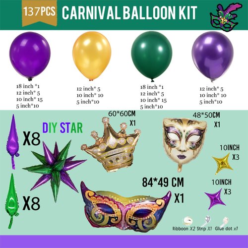 Mardi Gras party Decorations with Purple Green Gold Balloon Garland Arch Kit & large Star Masquerade Mardi Mask Crown foil Balloons for Birthday Masquerade fat Tuesday Theme party Decorations