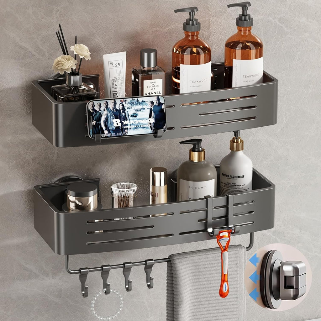 Voldra Shower Caddy - No-Drill Suction Cup Organizer with Towel Bar & Hooks | 2 Pack Gray Shelves