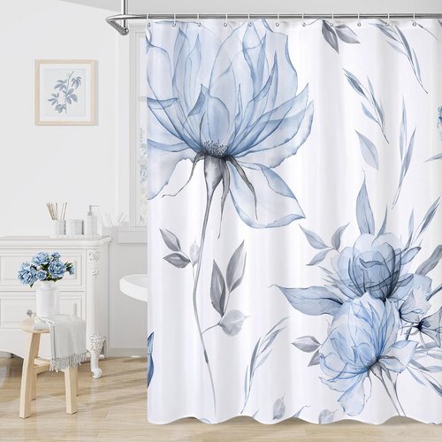 Litabel Blue and Grey Boho Watercolor Floral Shower Curtain, Ink Painting Style Blossom & Leaf Shower Curtains for Chic Elegant Bathroom, Artistic Fabric Cloth Flower Shower Curtain, 72x72
