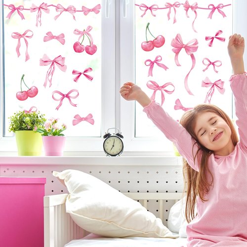 JarThenaAMCS Trendy Pink Bow Wall Stickers Coquette Light Pink Bow Knot Wall Decals Watercolor Room Mural Stickers for Valentine's Day Girls Party Home Bedroom Nursery, 7.9 x 11.8 Inch, 9 Sheets