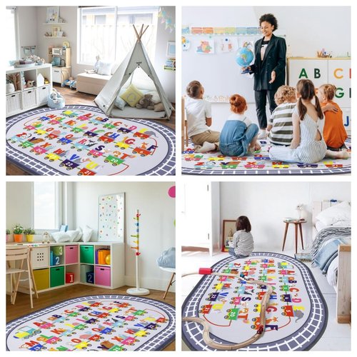 HiiARug Small Playroom Rug, Kids Playmat ABC Alphabet, Numbers, Train and Road Themed Play Mat Educational Floor Carpet for Classroom Kids Bedroom Decor,Grey, 3'3" x 5'