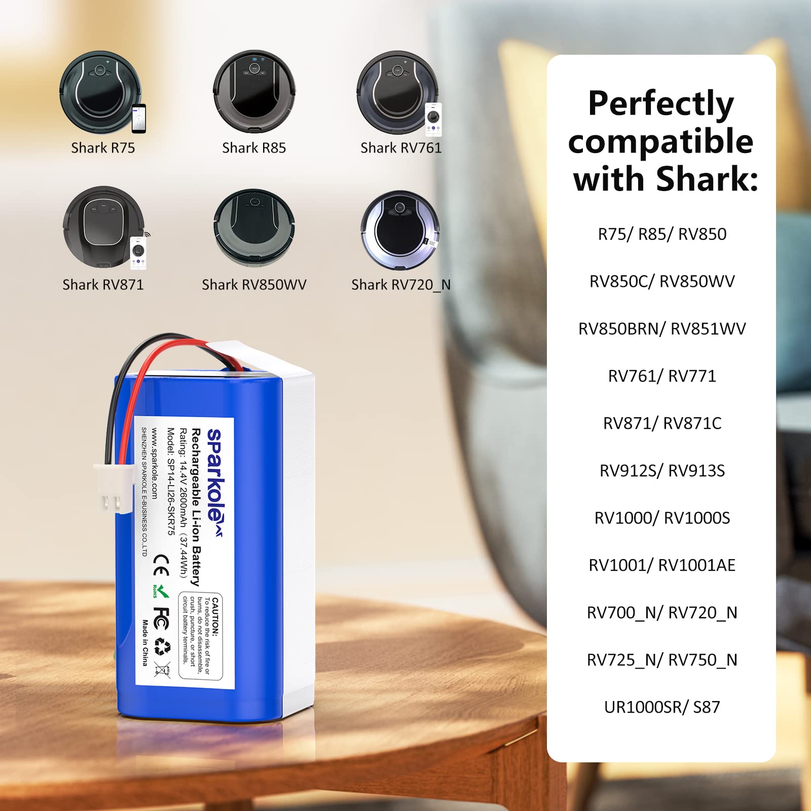 Replacement RVBAT850 Battery for Shark Ion R75, R85, RV850, RV850C, AV751, AV752, AV753, RV761, RV871, RV912S, RV720_N, RV700_N, RV1001AE, RV850WV Vacuum Cleaners, 2600mAh, 14.4v Li-ion