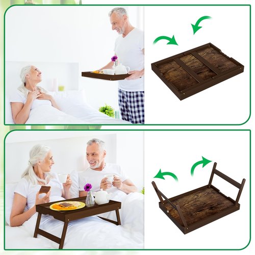 Bamboo Breakfast Tray with Foldable Legs & Detachable Stand | Ergonomic Handle | Portable Bed Tray for Eating, Working, Laptop, Tablet, and Phone（Vintage Walnut）