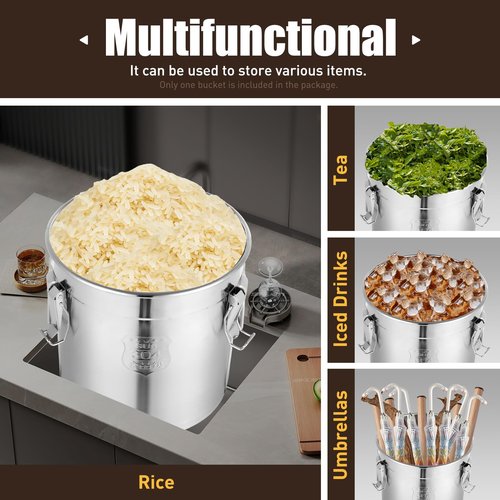 CeRaBuRET 8.7Gal 304 Stainless Steel Airtight Canister for Kitchen, 28-60Lbs Rice Cereal Grain Canisters Container, Metal Kitchen Rice Oil Storage Bucket for Household Food w/Handles+Lid (Silver-33L)