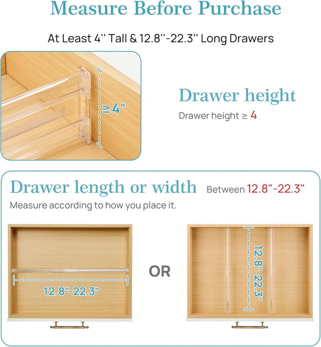 Vtopmart 8-Pack Drawer Dividers - Expandable Clear Organizers for Clothes & Cosmetics (12.8"-22.3")