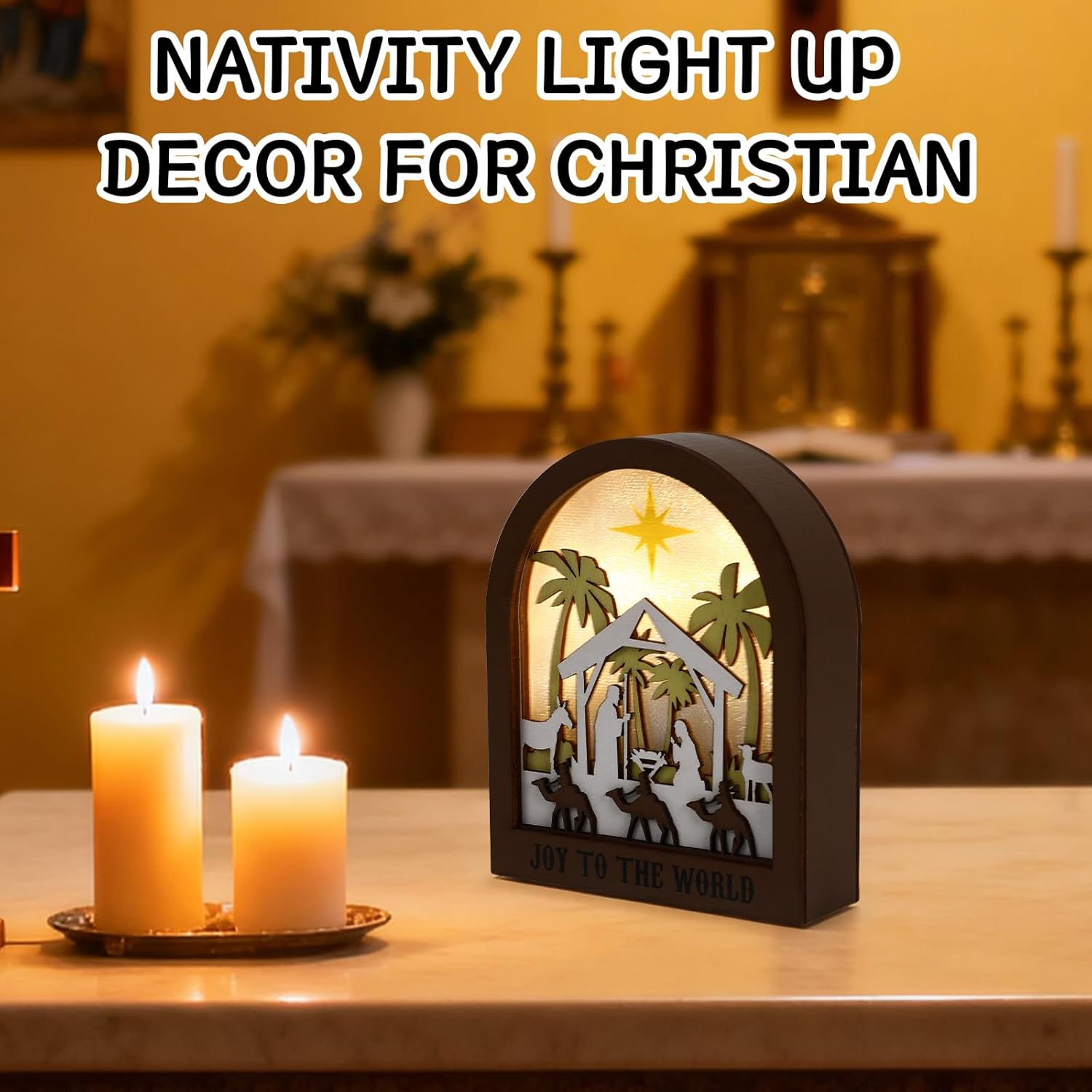 Wooden Nativity Scene | LED Christmas Decor with Acrylic Back Panel - Battery Powered Tabletop Ornament