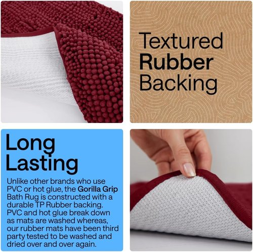 Gorilla Grip Plush Chenille Bath Rug Mat - Soft Microfiber for Oval Toilet Base | Machine Washable, Burgundy