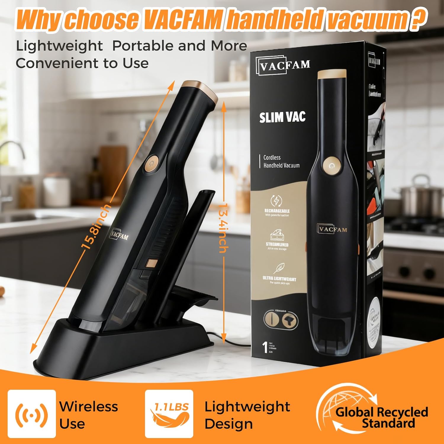 Skiennix Handheld Cordless Vacuum - 15KPA High Power with USB Quick Charge & Washable Filter | Black