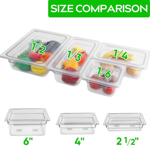 6 Pack 1/2 Size 6'' Deep Clear Food Pans with Lids, Commercial Food Pans Polycarbonate Transparent Food Storage Containers, Stackable Plastic Pan with Capacity Scale, Restaurant Supplies Hotel Pan