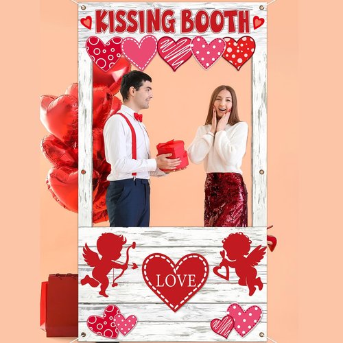 Valentine's Day Party Decorations Kissing Booth Theme Photo Booth Props Cupid Love Heart Banner Valentine Picture Frame for Couple Restaurant Wedding Backdrop Valentines Theme Party Favors Supplies