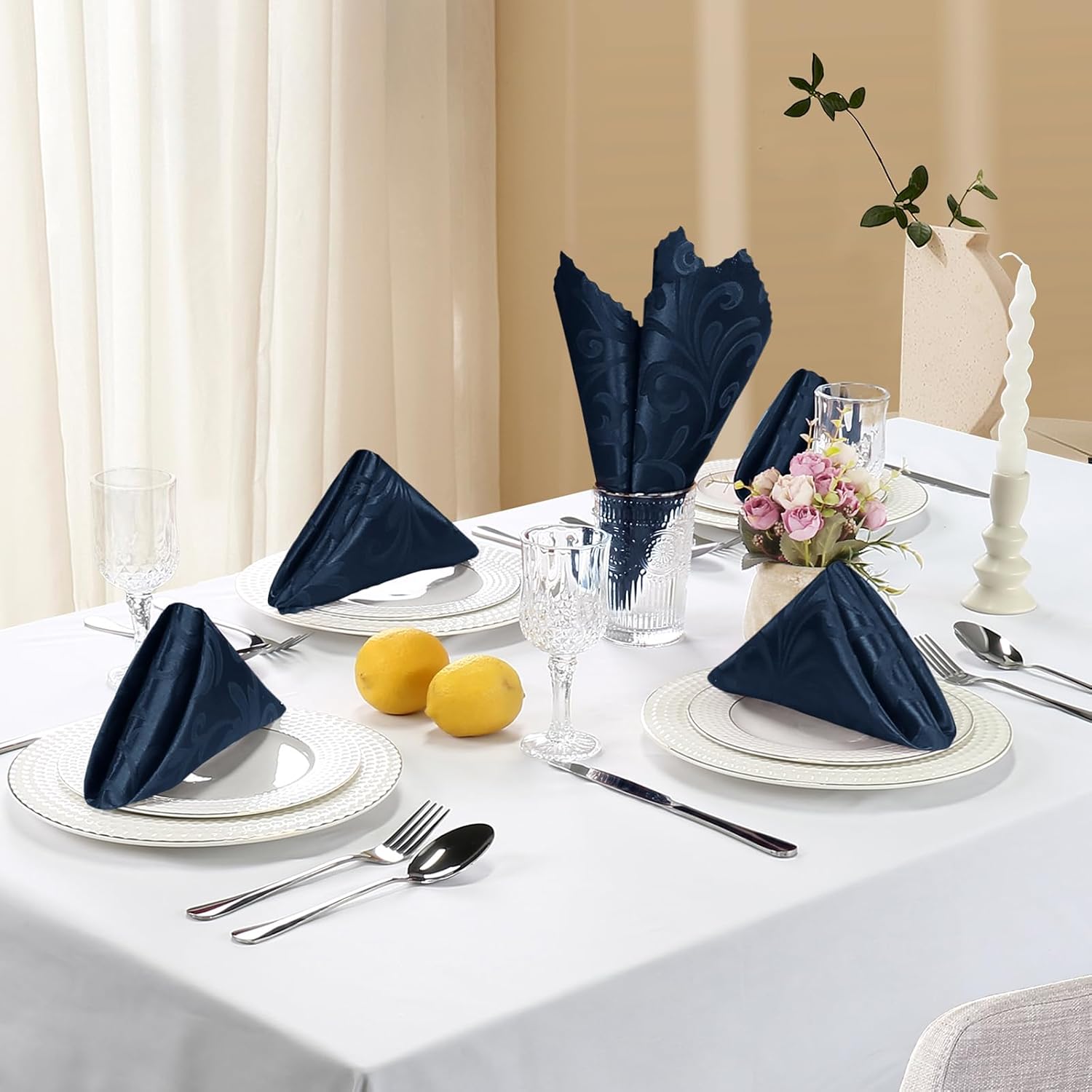 Aormenzy Navy Blue Satin Napkins - Elegant Floral Pattern | 17 x 17 Inches | 50 Pack