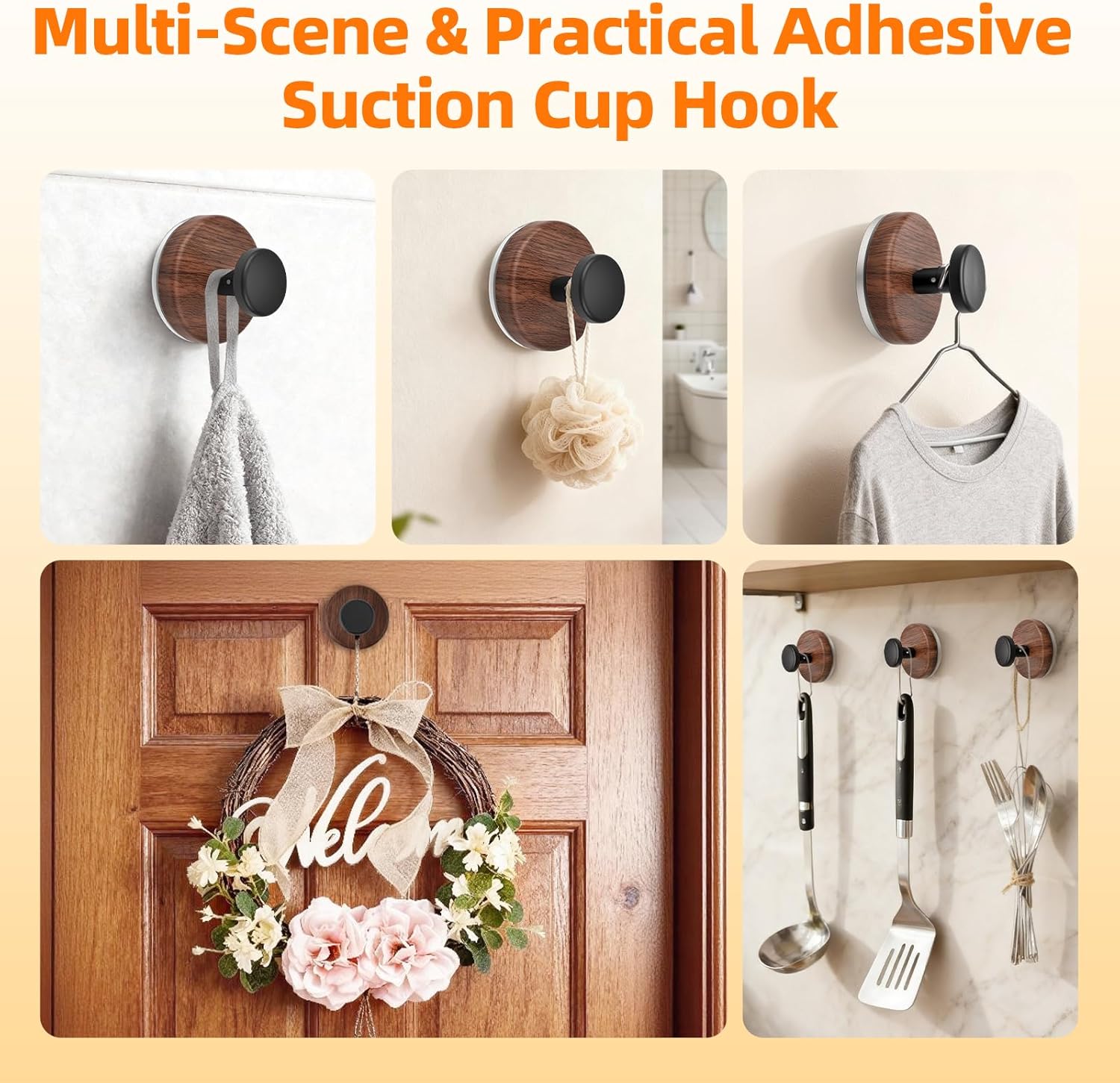 Walnut Suction Cup Wreath Hanger - No Drill Hook for Front Door & Window | 2 Pack for All Seasons