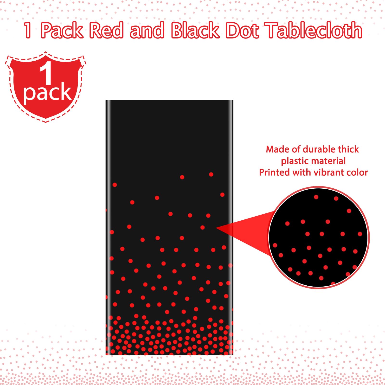 1 Pack Red and Black Dot Plastic Tablecloth, Red Stamping Dot Confetti Rectangle Plastic Disposable Table Cover for Birthday Wedding Baby Shower Engagement Anniversary Party Decorations, 54 x 108 Inch