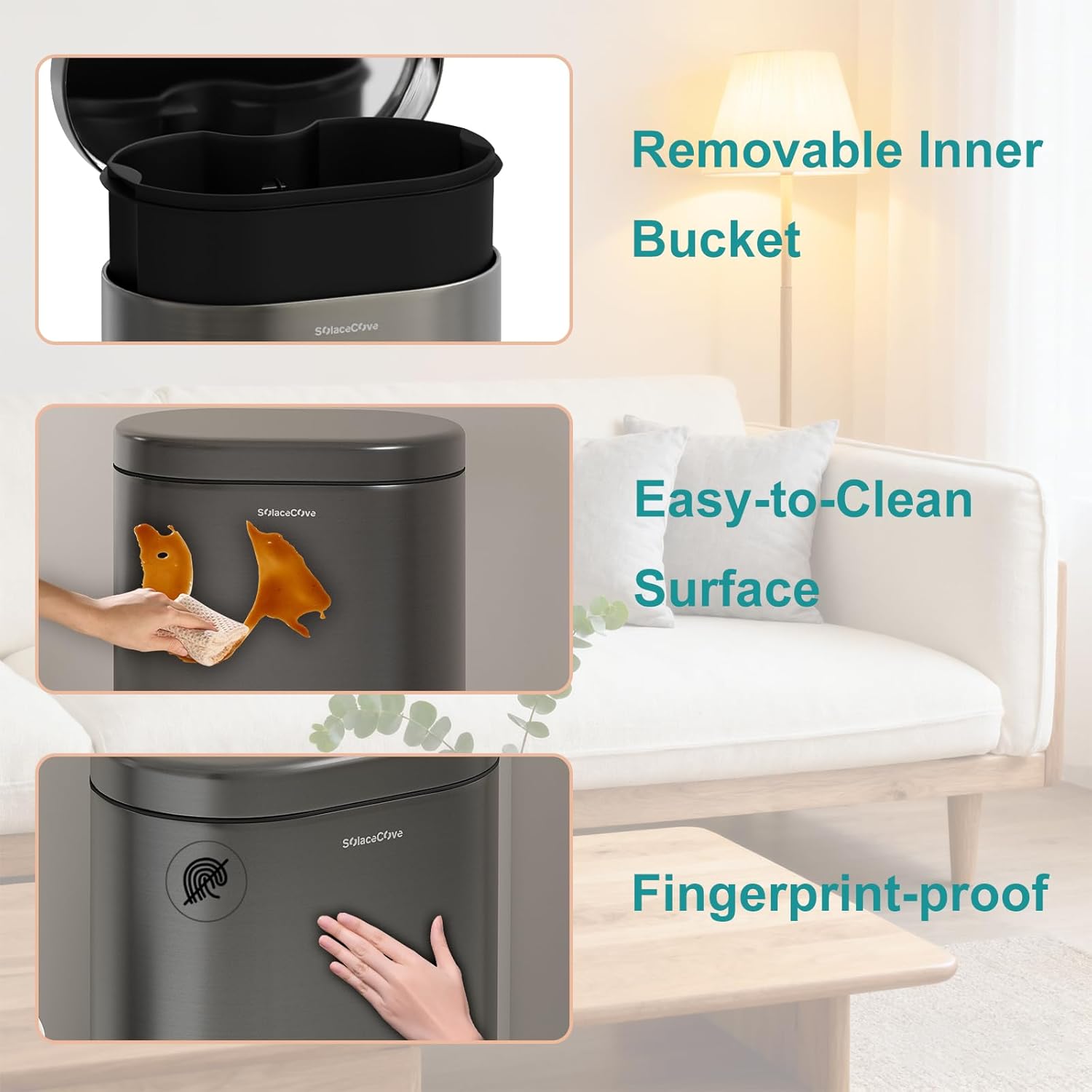 Skiennix 3.2 Gallon Stainless Steel Step Trash Can - Soft Close Lid & Removable Inner Bucket | Volcanic Gray